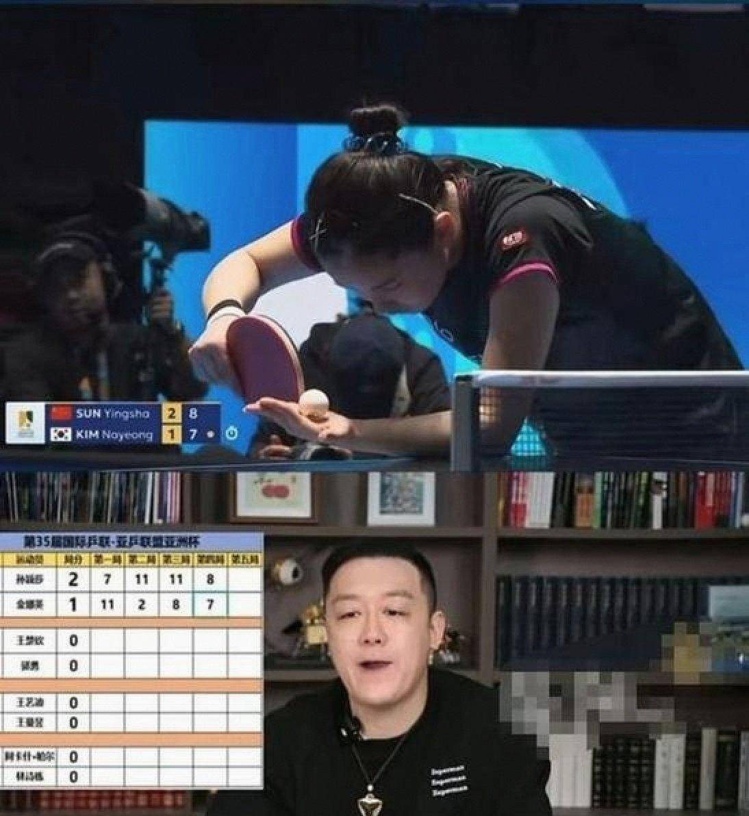 解说夸对手发球多变，刘国正却直言侧旋下蹲发球对孙颖莎无效，孙颖莎接发球稳健反击让对手连连失分无法组织进攻